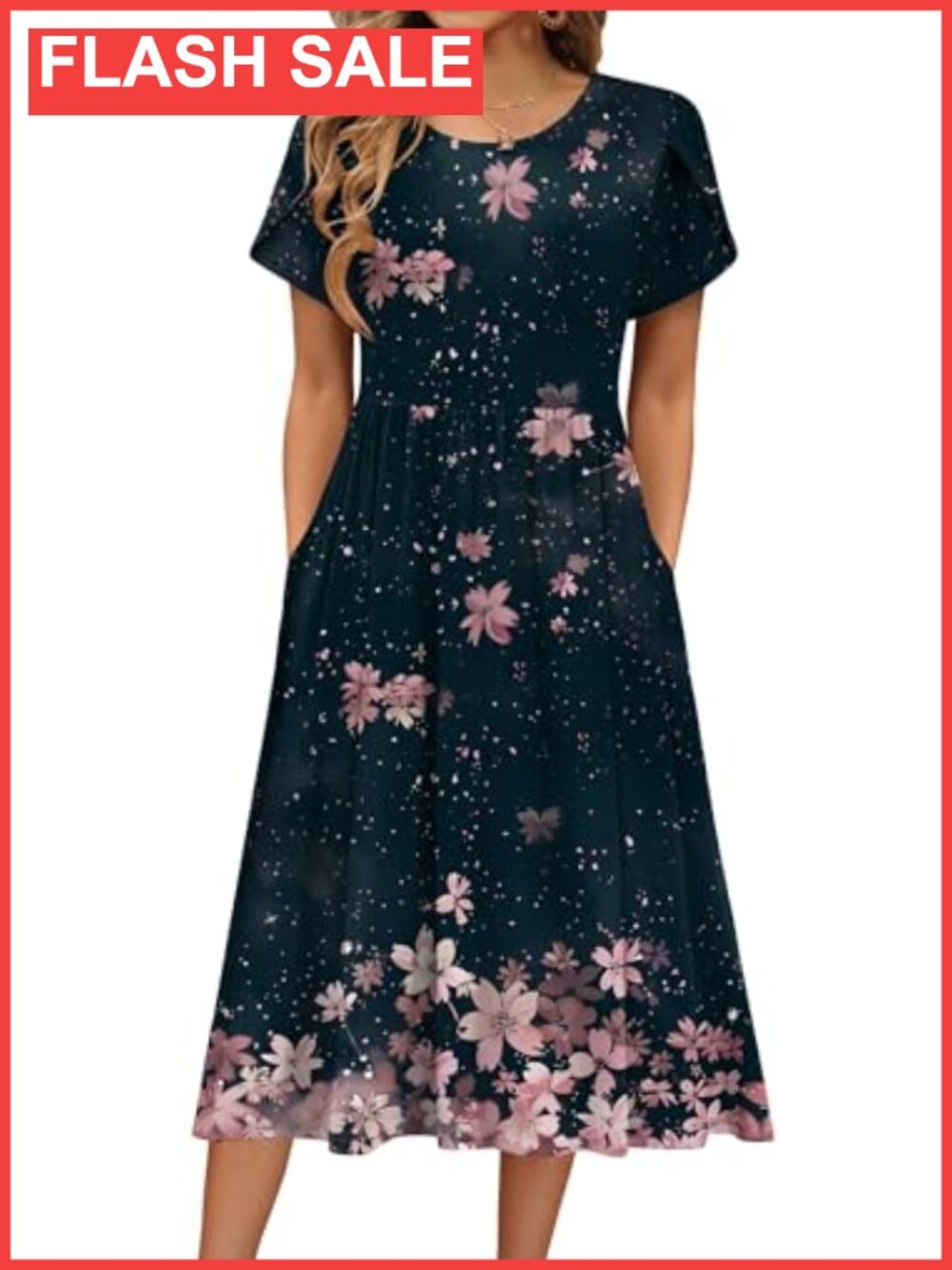 Women's A-Line Midi Dress Crewneck Short Sleeve Two Side Pockets Flowy Beach